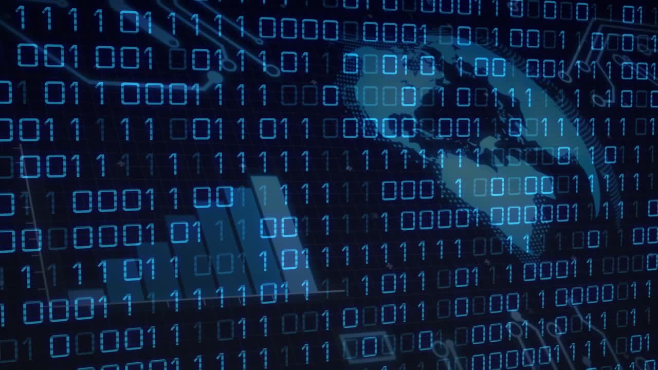 Binary cascade showing hoodie figure typing laptop, causing globe rotating for cyber visualization
