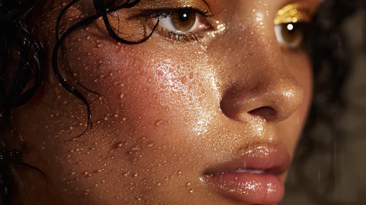 Radiant Portrait of a Beautiful Woman with Glowing Skin, Highlighting the Intricacies of Water Droplets and Shimmering Makeup in an Intimate Close-Up