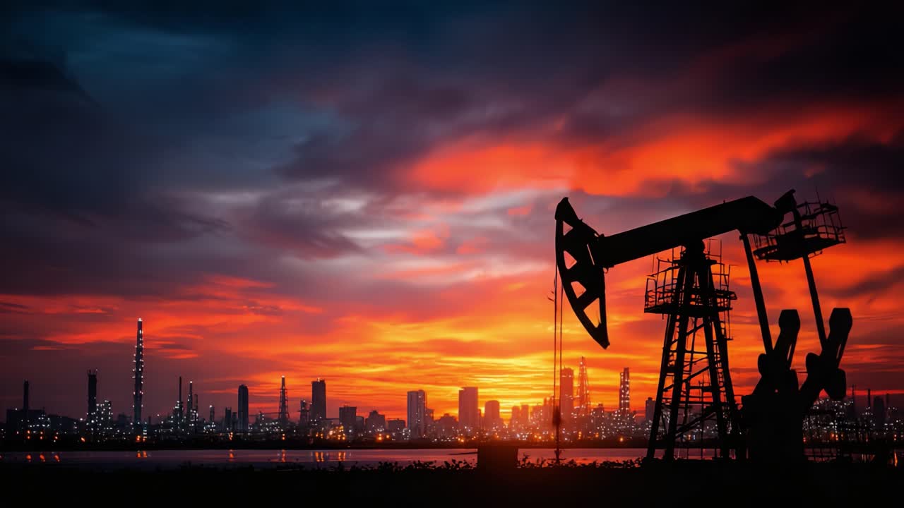 Bomba de balancín de petróleo silueteada contra un vibrante atardecer sobre el horizonte de una ciudad, iluminada por reflejos y nubes dramáticas que resaltan la industria urbana