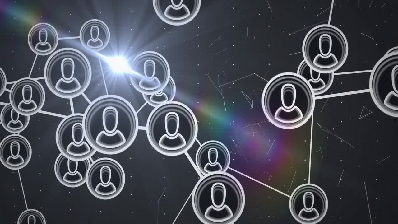 Network being animated in starry space, showing user icons connected by thin lines and lens flare