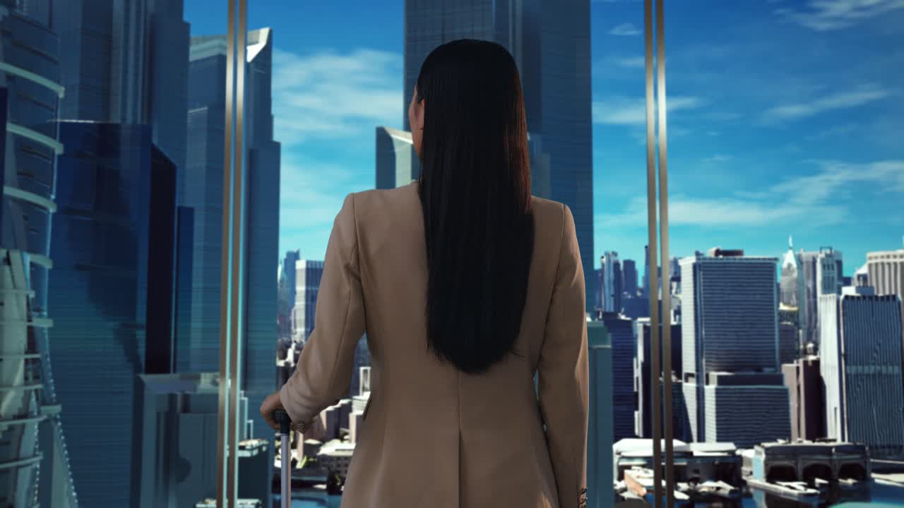 도시 풍경을 바라보는 사업가