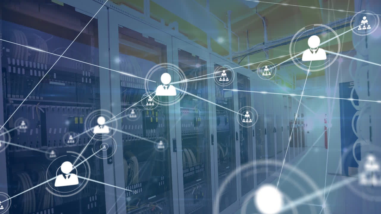 Animation of network of connections with icons over server room