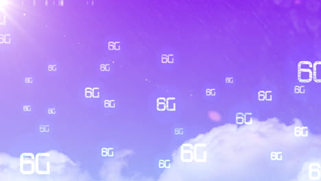 animación digital de múltiples textos 6g flotando contra las nubes en el cielo púrpura
