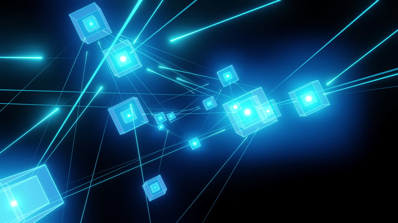 Blockchain glowing line connection network. cube box with line connect , sweep light line glowing animation, camera drone view flying, 4k resolution