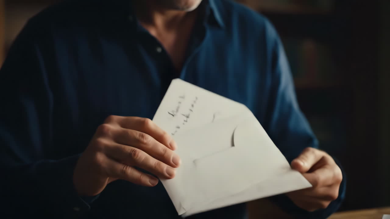 A person opening a white envelope and pulling out a document