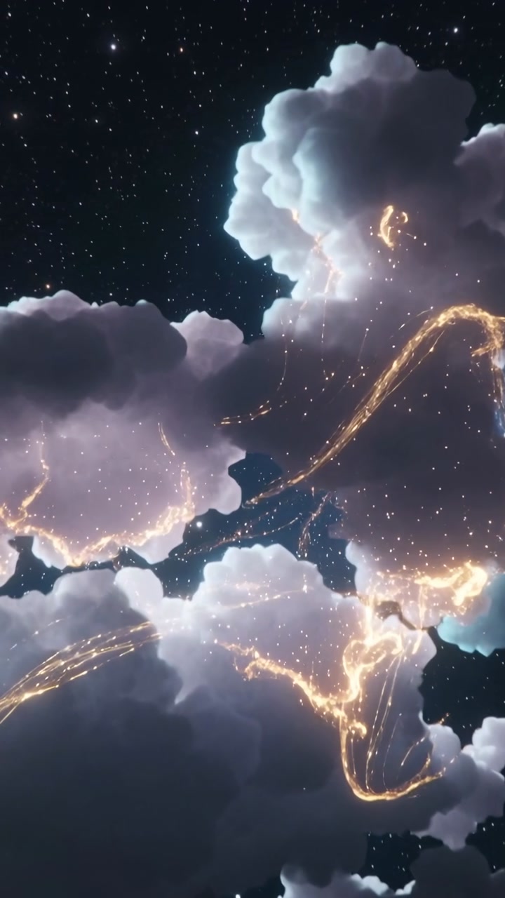 Vertical video: Faint gold ribbons lighting clouds, weaving sparks across stars, forming display