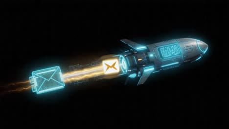 A futuristic rocket ship launches with digital energy, transmitting messages through space in a dazzling display of technology and innovation