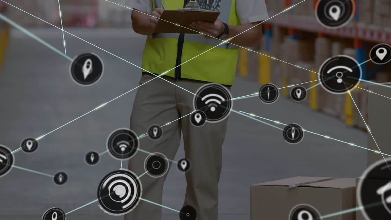Network of digital icons over caucasian male supervisor with clipboard checking stock at warehouse