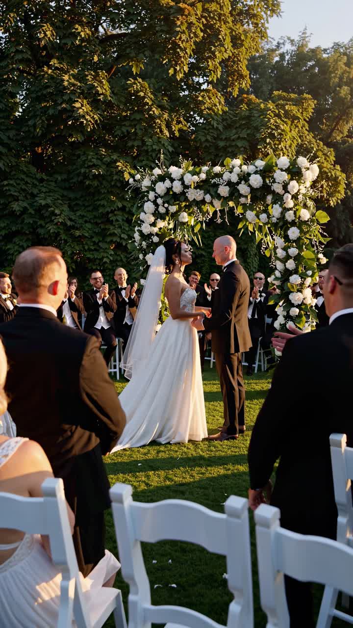 Video di cerimonia di matrimonio all'aperto ripreso da un'angolazione laterale, con una folla gioiosa e un allestimento floreale