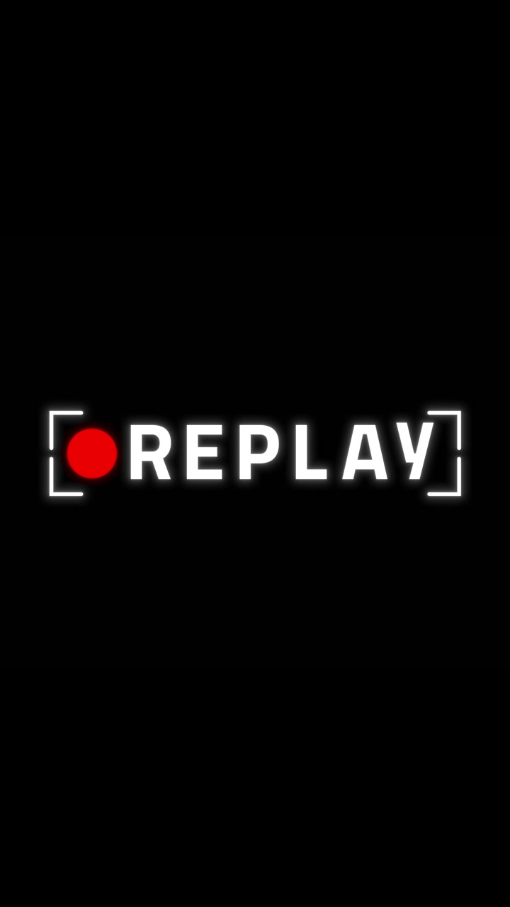 Glowing replay recording screen with bold white text red record dot black background and minimal