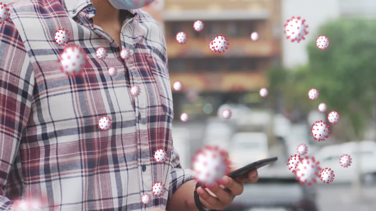 animación del mapa del mundo y datos estadísticos sobre hombres latinos que usan máscaras faciales, usando teléfonos inteligentes
