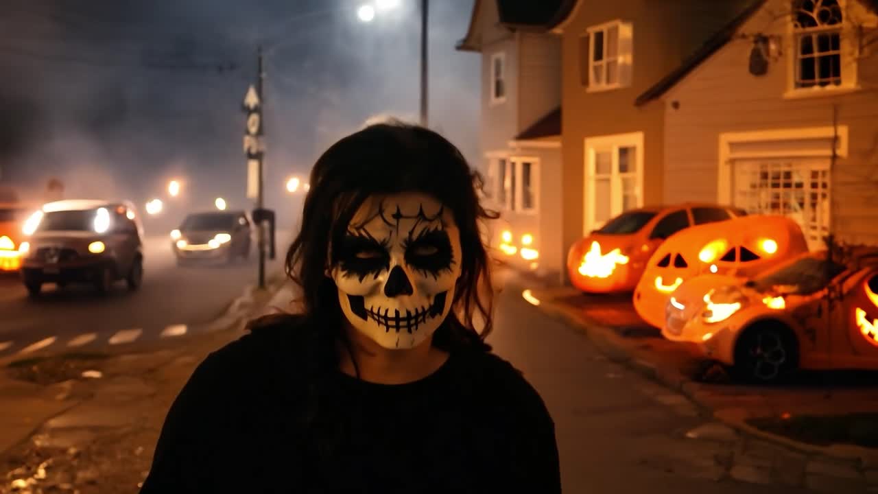 밤에 할로윈 의상을 입은 사람