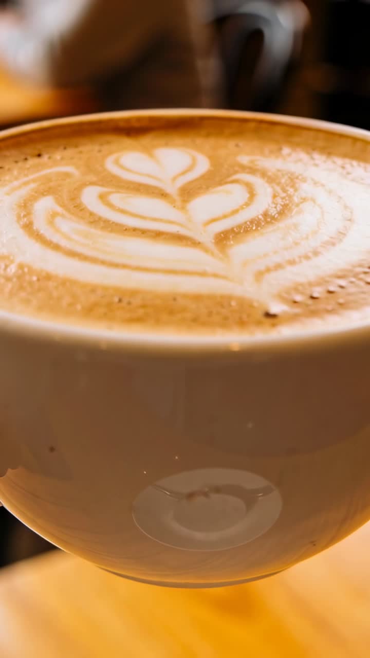 Video verticale: Ripresa panoramica mostra una tazza di ceramica bianca centrata in un caffè per esaltare la latte art.