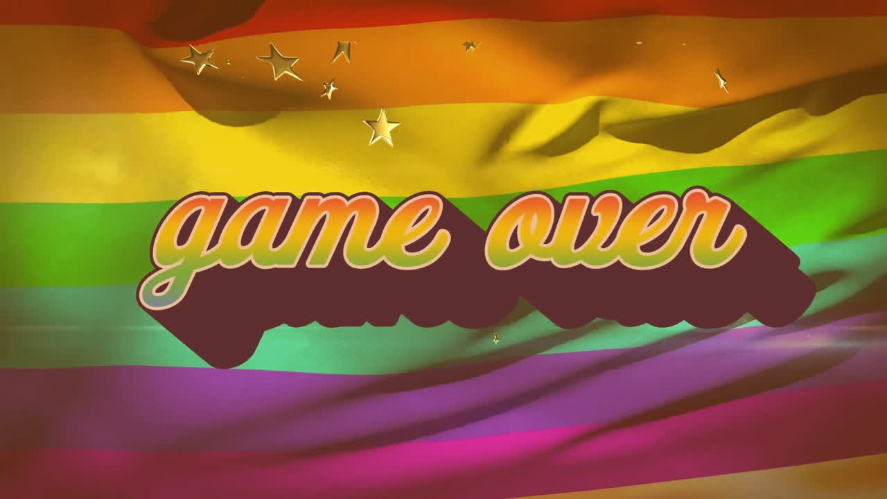 Animation of game over text with stars over rainbow flag on black background