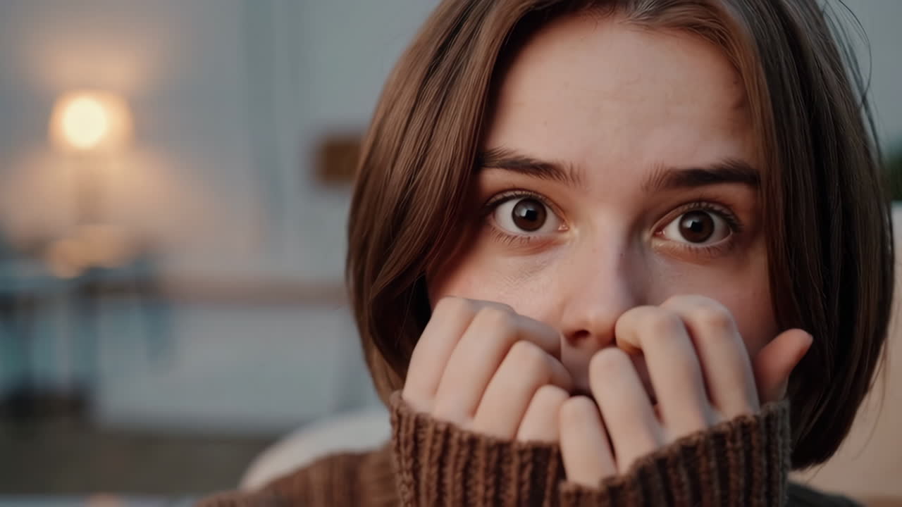 Young woman expressing shyness or fear while hiding her face