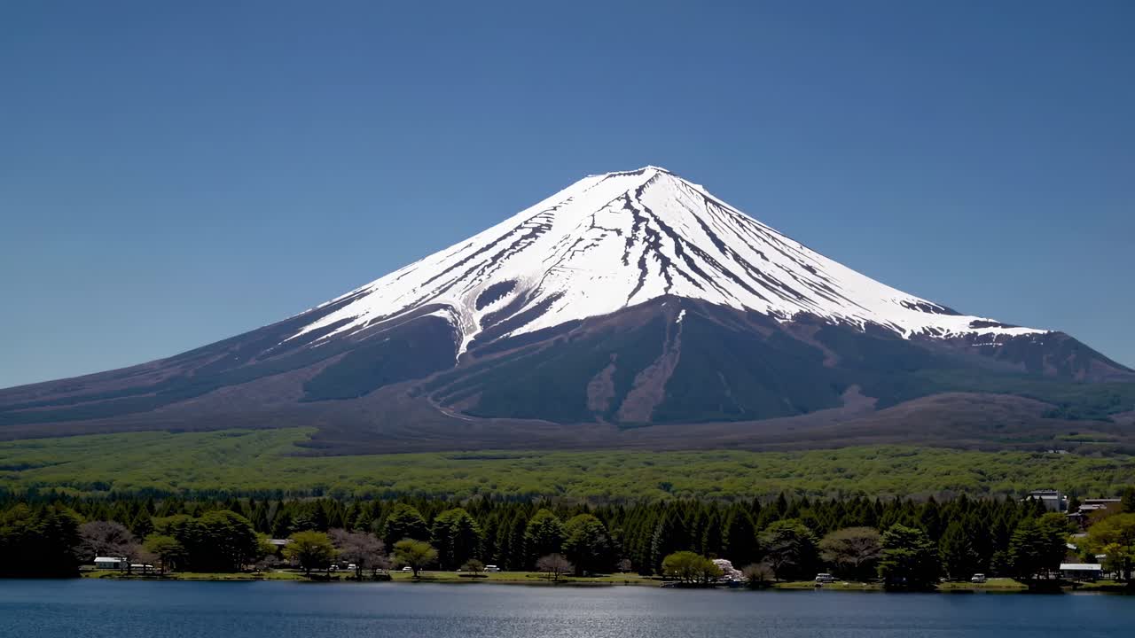 Scenic video of Mount Fuji from a low-angle, capturing its snow-capped peak against a clear blue
