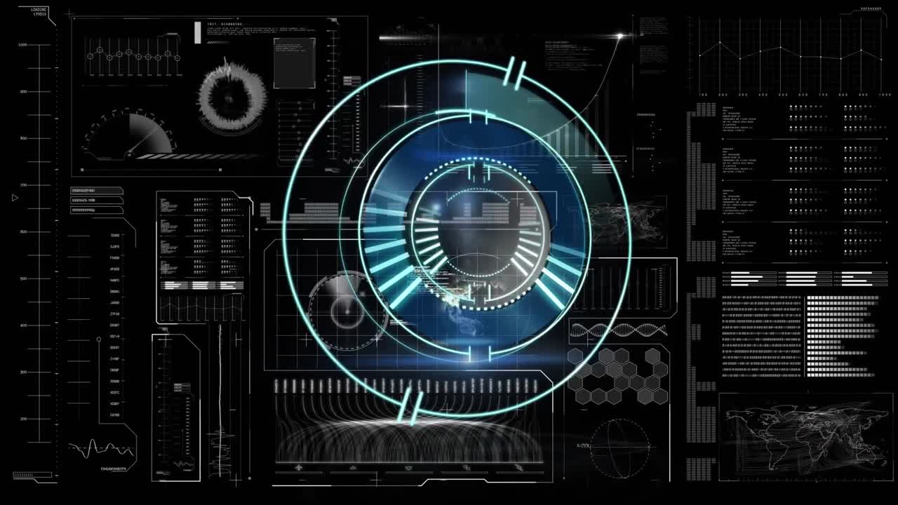 Animation of scope scanning over data processing on black background