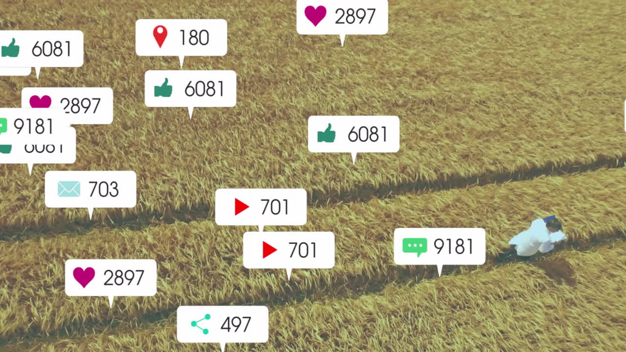 man kneeling in green field inspecting soil with floating social media icons for agri marketing