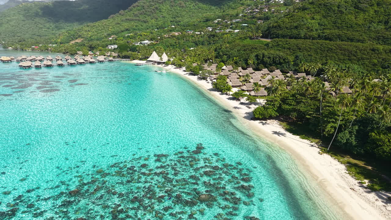 Drone Shot of Moorea Island, French Polynesia. Stunning Tropical Landscape and Luxury Resort