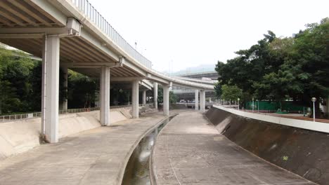 Canal-De-Drenaje-Urbano-En-El-Centro-De-Hong-Kong,-Vista-Aérea