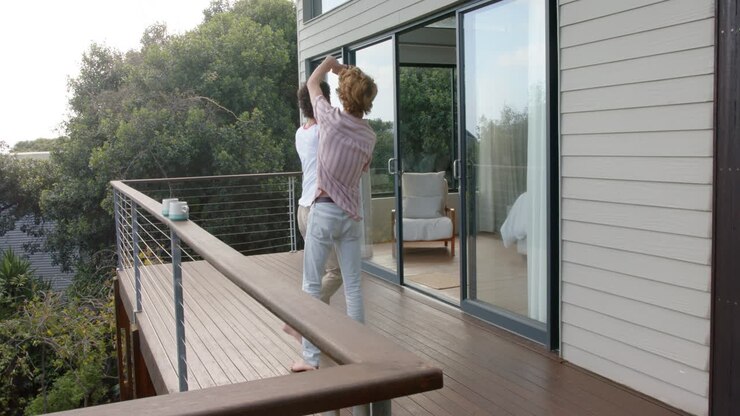 Uomo gay felice di diverse etnie che balla sul balcone di casa, al rallentatore.