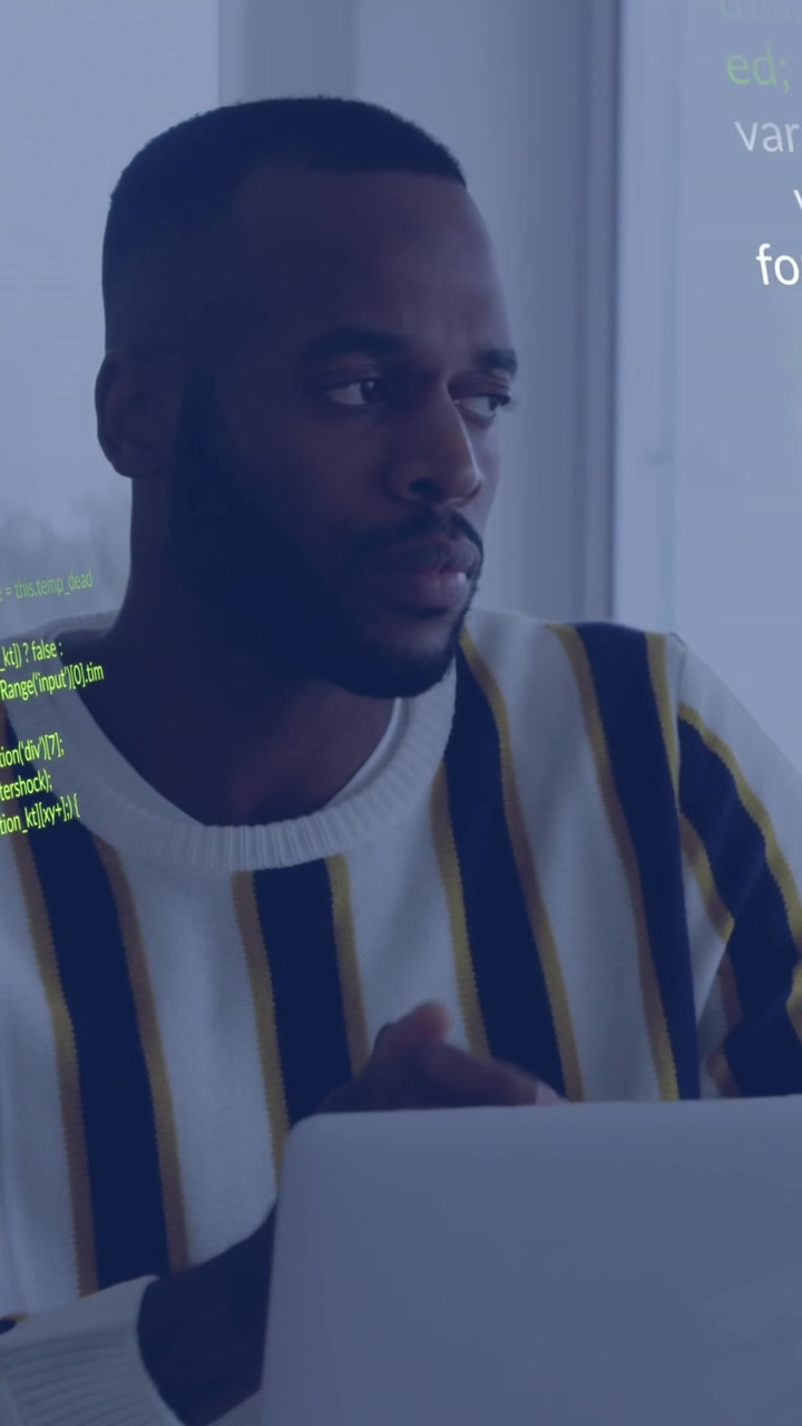 Animation of data processing over african american businessman in office