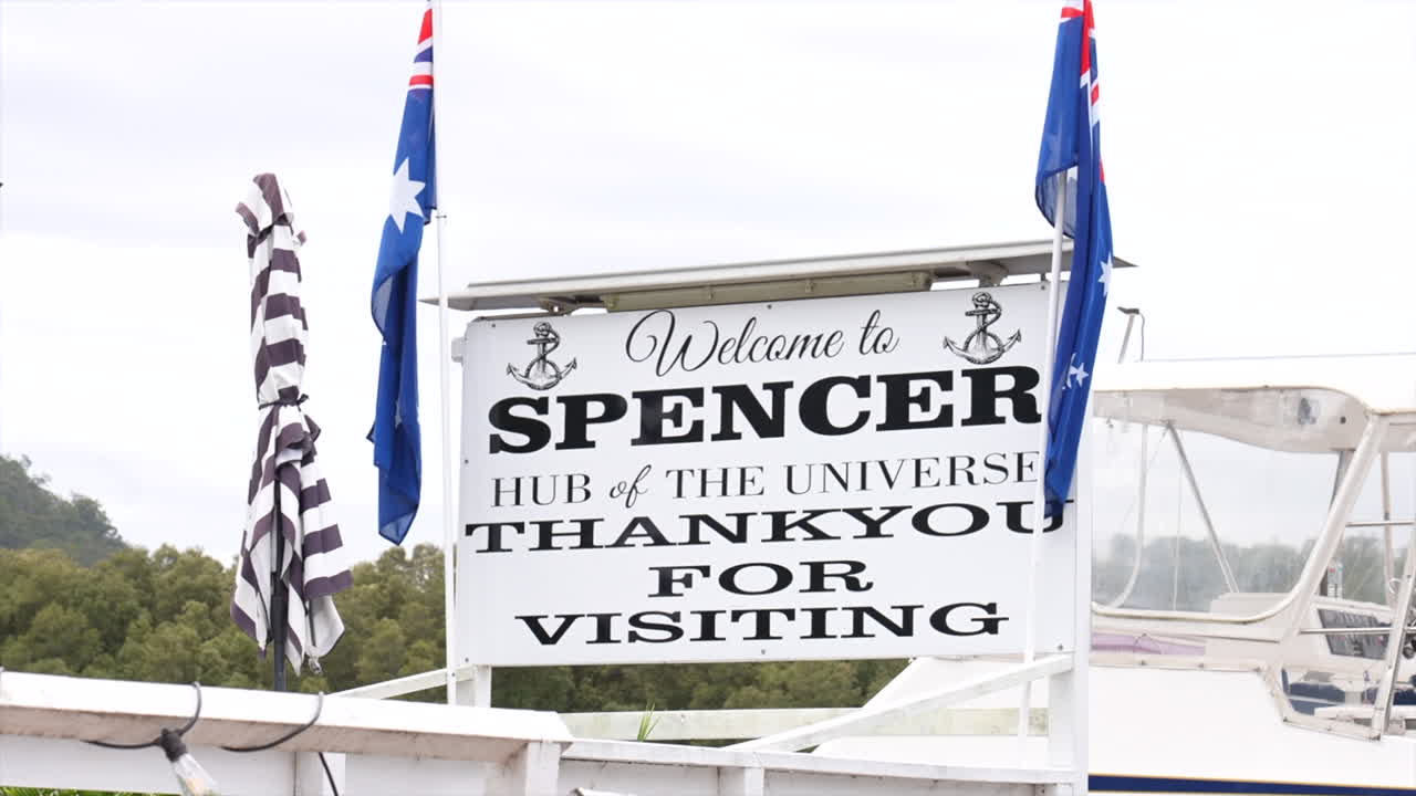 Welcome to Spencer signage, in Spencer on the Hawkesbury river, NSW, Australia