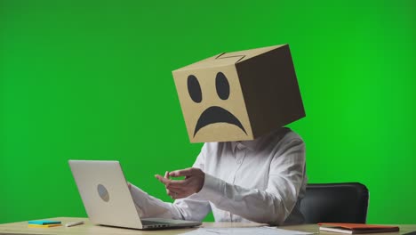 person with cardboard box on head