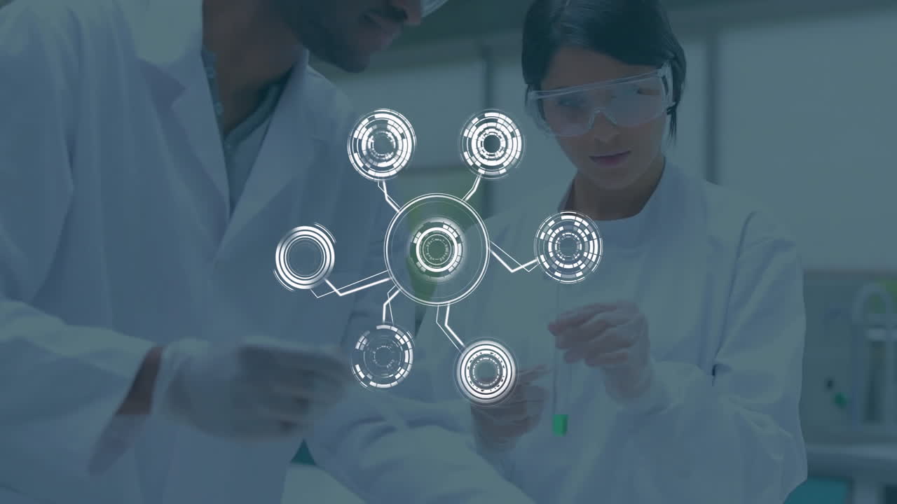 Two scientists collaborating in science lab, handling beaker, pipette while analyzing AR data nodes