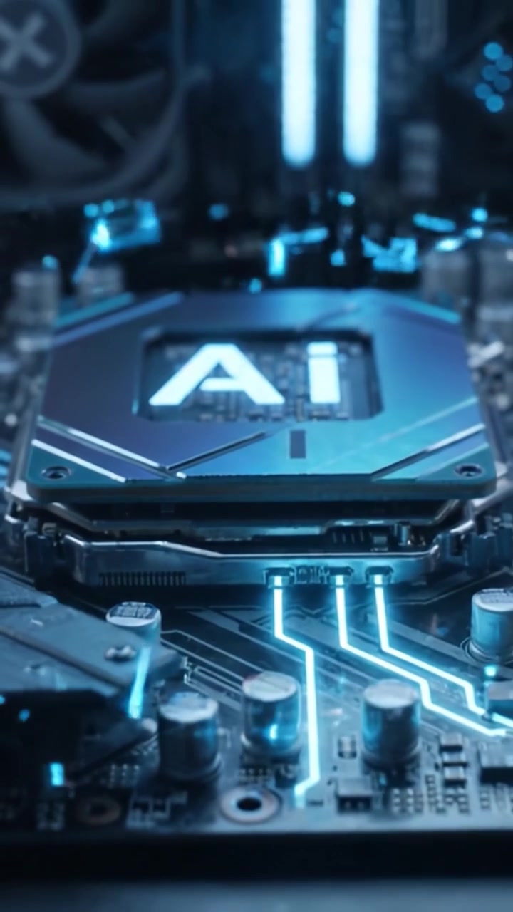 Close-up View of a High-Tech Motherboard Featuring Advanced AI Technology and Circuitry in a Sleek, Modern Design