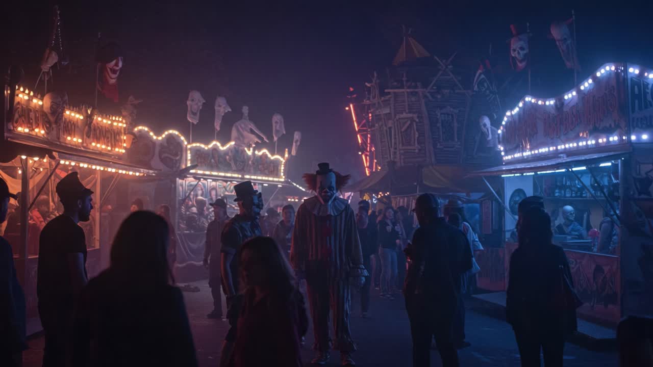 Haunting Atmosphere of a Carnival Night: Eerie Clowns and Spooky Attractions Captured in a Mysterious Foggy Setting, Inviting Fear and Intrigue