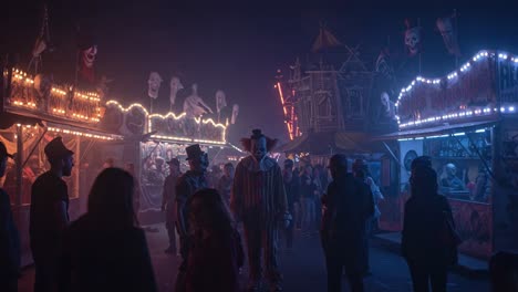 Haunting Atmosphere of a Carnival Night: Eerie Clowns and Spooky Attractions Captured in a Mysterious Foggy Setting, Inviting Fear and Intrigue