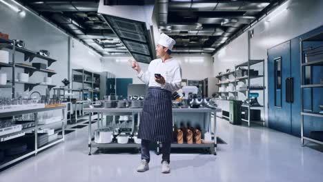chef usando un teléfono inteligente en una cocina moderna