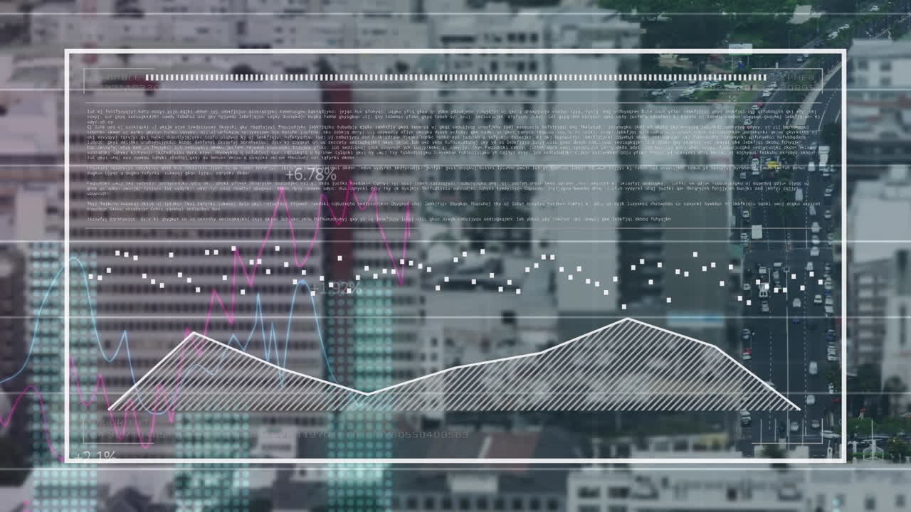 animación de la interfaz con el procesamiento de datos estadísticos en comparación con la vista aérea del tráfico urbano