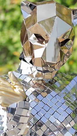 a stunning lion sculpture covered in mirror tiles reflecting sunlight in a vibrant greenery backdrop a stunning lion sculpture covered in mirror tiles reflecting sunlight in a vibrant greenery backdrop