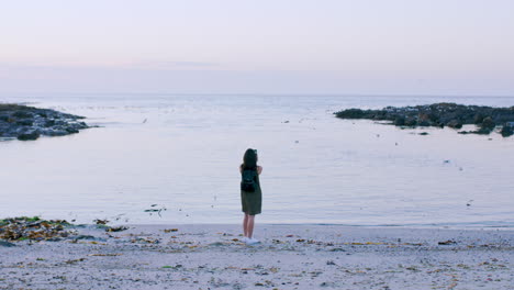 woman, beach and phone for picture