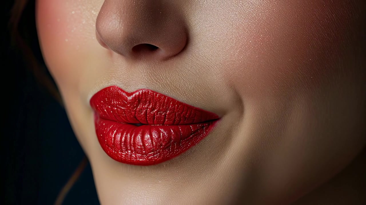 Primo piano di labbra femminili con rossetto rosso lucido. Macro di una bocca di donna leggermente aperta che indossa un rossetto rosso lucido e vibrante e mostra denti bianchi e puliti.