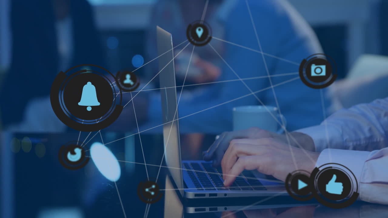 Typing on laptop, digital network animation overlaying in school setting