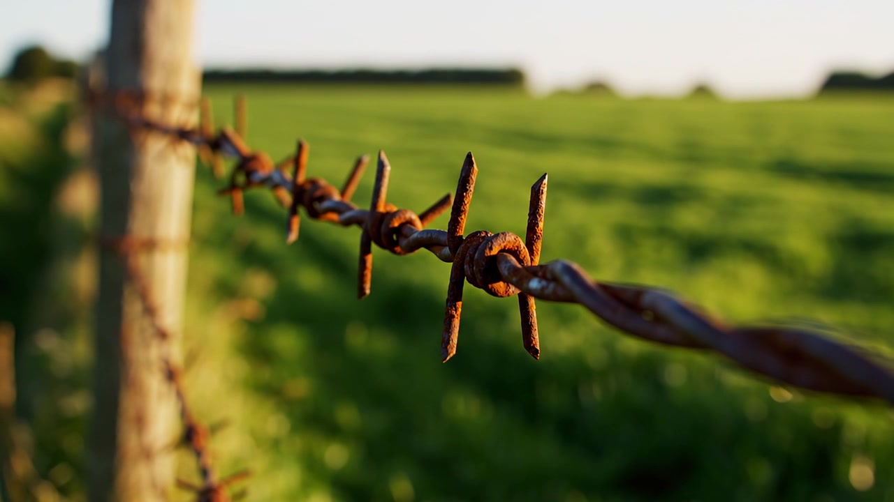 Nahaufnahme: Rostiger Stacheldrahtzaun auf grünem Feld