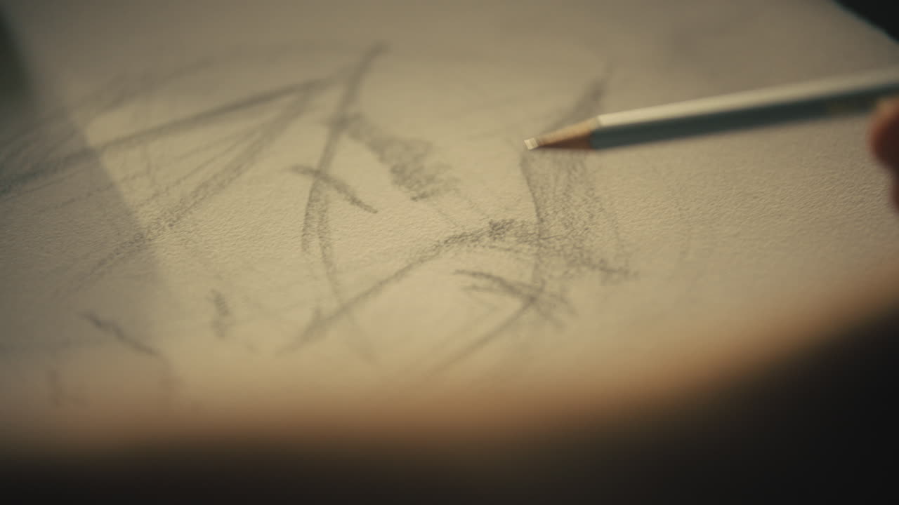 태양이 창에서 패드를 비추는 동안 예술가는 스케치 패드에 얼굴을 그립니다.