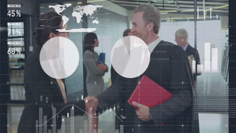 animation of financial data processing over diverse business people shaking hands