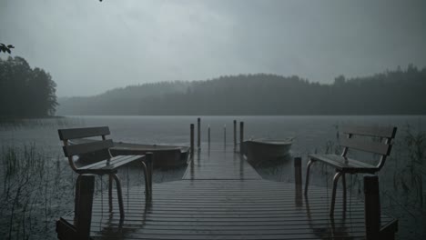 moody storm, rain and thunder in a lake forest with boats, pierce and benches, 4k