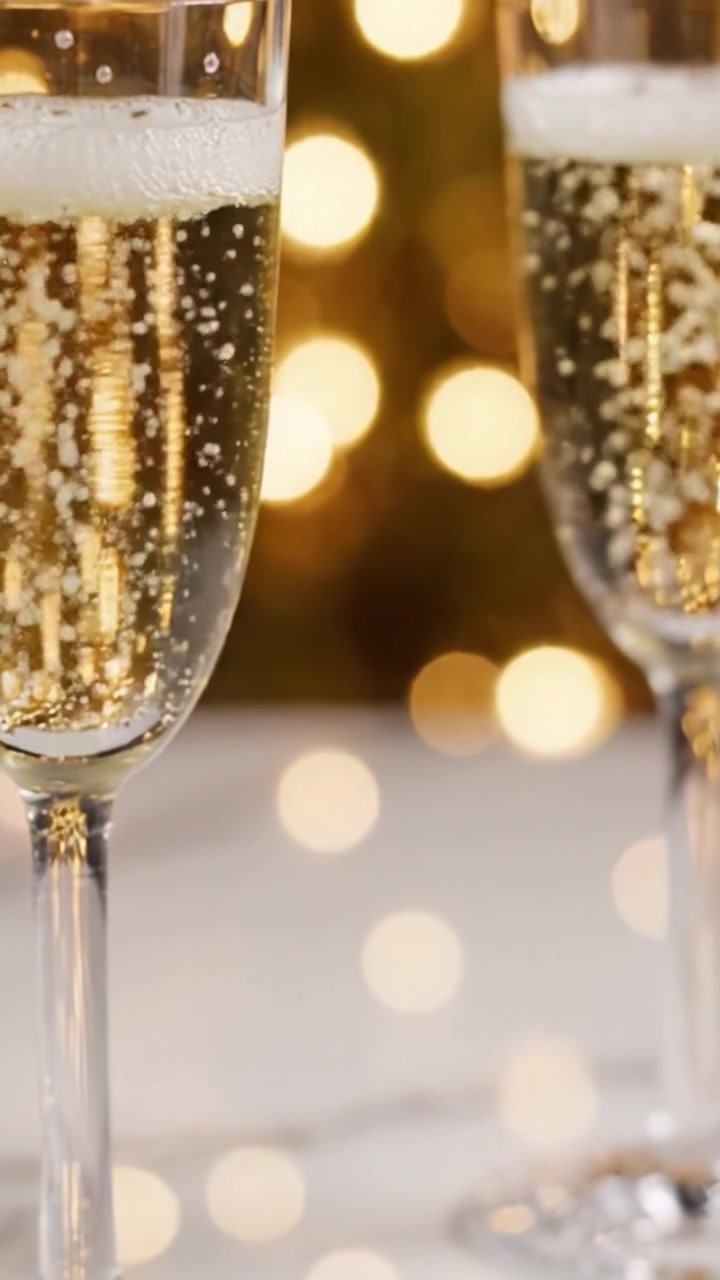 Brindis de Celebración: Champán Espumoso en Copas Elegantes Rodeado de Luces Bokeh Cálidas y Brillantes, Perfecto para Ocasiones Especiales y Reuniones Festivas.