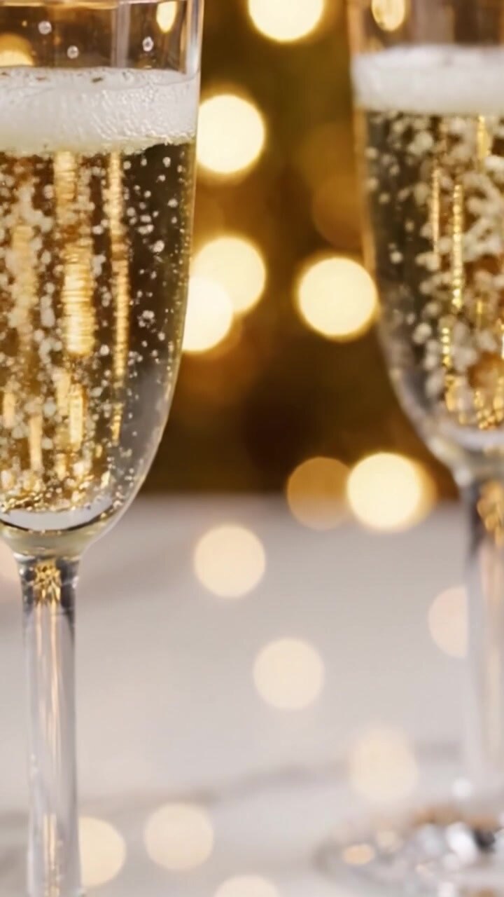 Brindisi celebrativo: Champagne frizzante in eleganti flûte circondato da luci bokeh calde e luminose, perfetto per occasioni speciali e riunioni festive.