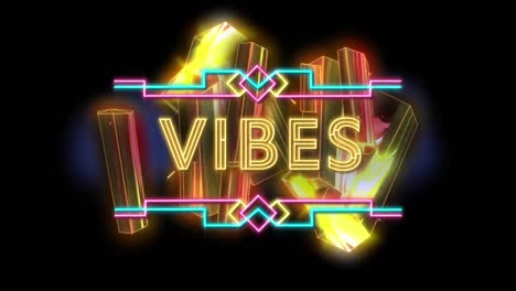 animation of neon vibes text banner over golden crystal shapes against black background