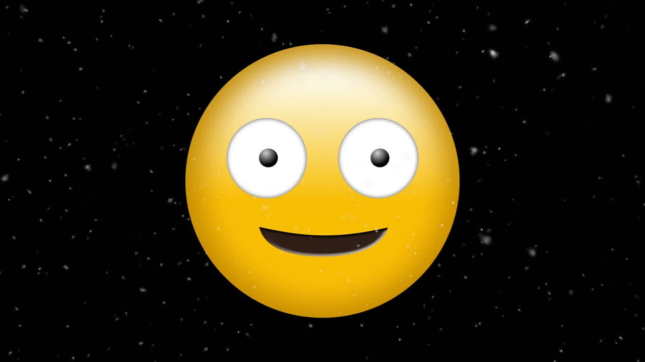 animación digital de un emoji de cara tonta contra múltiples partículas blancas flotando en un fondo negro