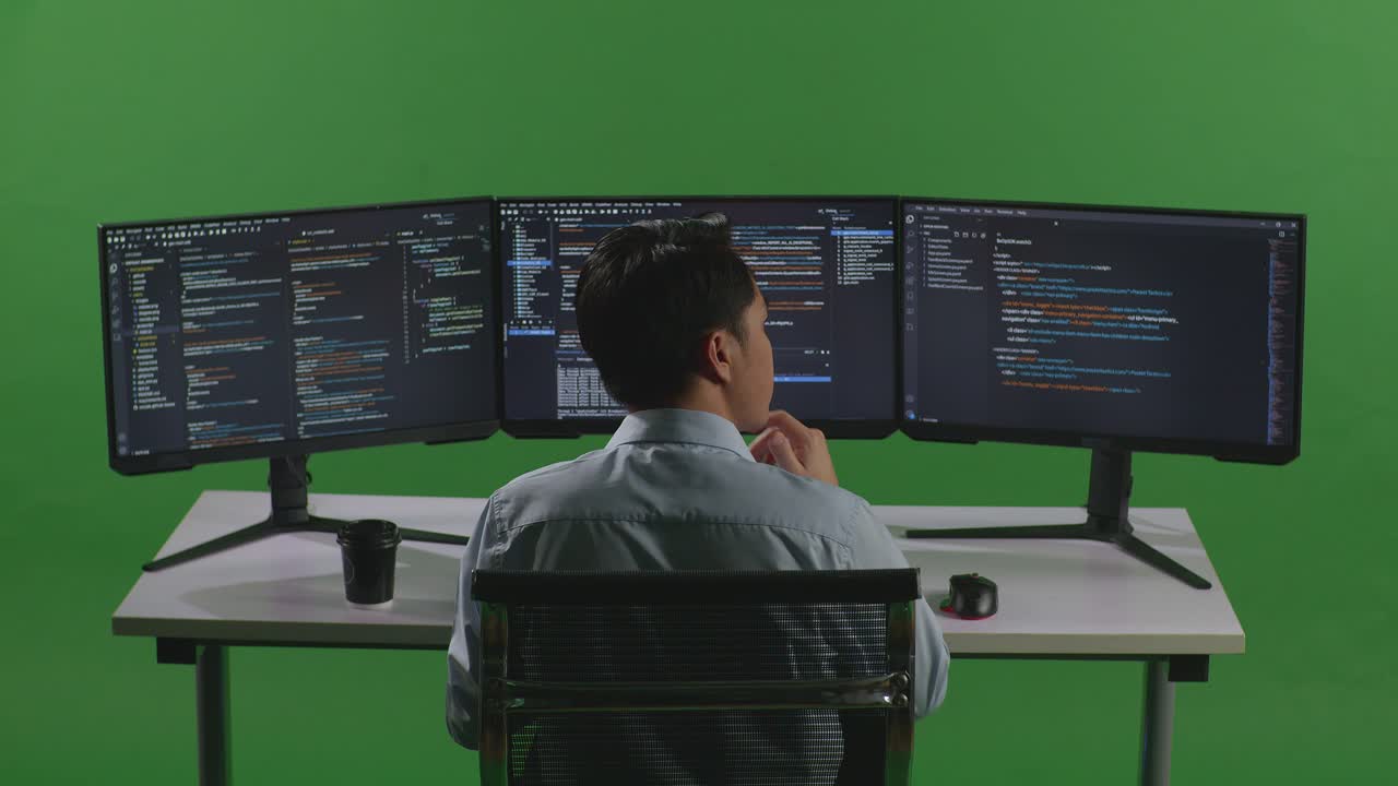 Back View Of Asian Man Developer Thinking About Something Then Raising His Index Finger While Write Code With Multiple Computer Screens In Green Screen Studio