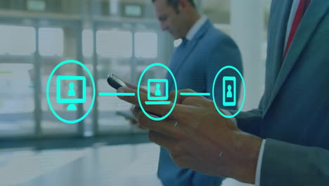animación de la red de conexiones con iconos sobre el hombre caucásico usando un teléfono inteligente