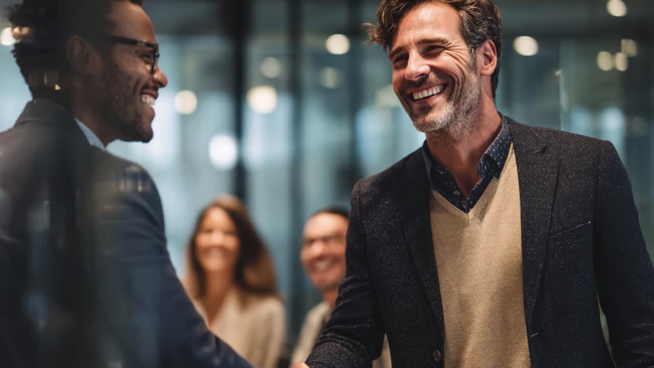 A Professional Business Meeting: Two Colleagues Engaging in a Friendly Handshake While Collaborating in a Modern Office Environment with Smiling Peers
