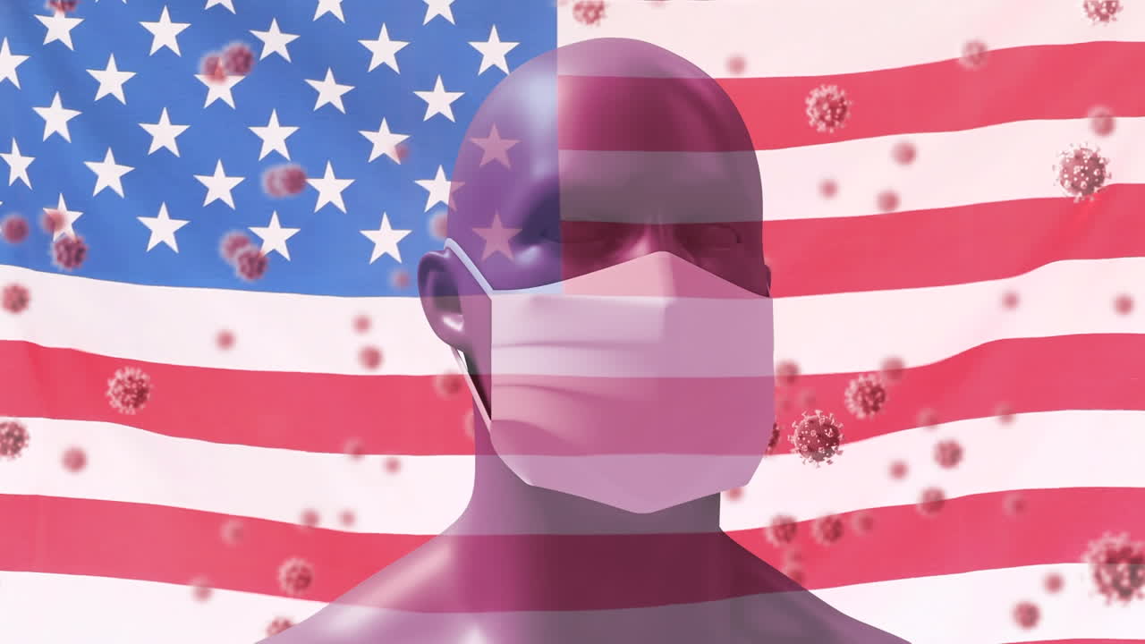 Covid-19 cells and human head model wearing face mask against US flag waving